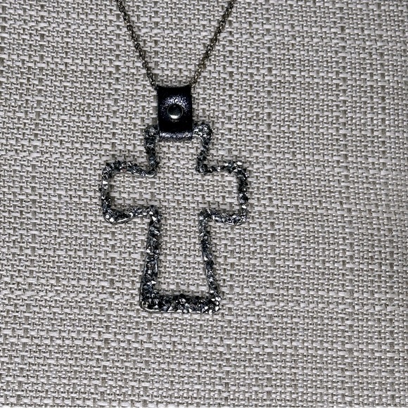 Cross Open-cut Gunmetal Pendant accented with Rhinestone Necklace. Boho Casual - Picture 2 of 6
